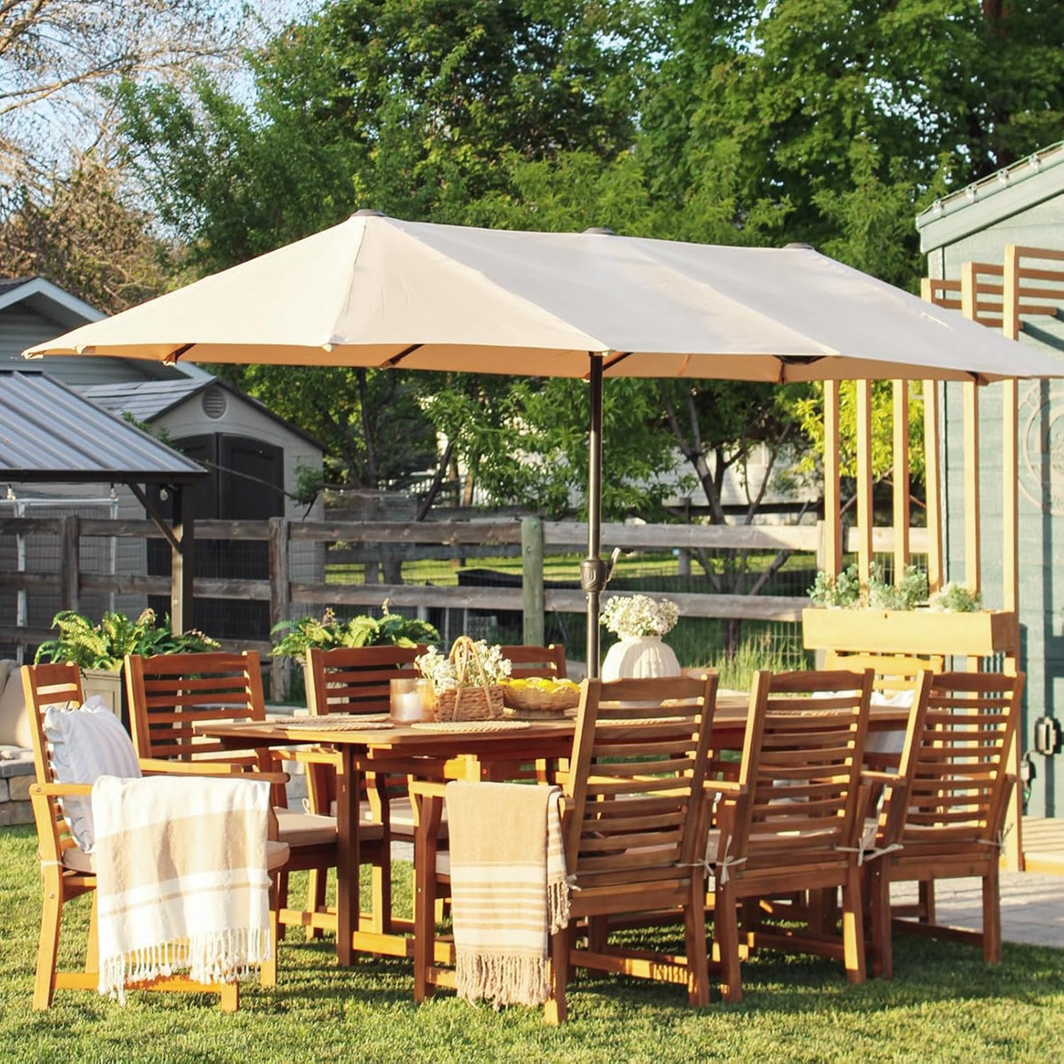 PHI VILLA Teak Outdoor Table, Expandable Wood Table w/Umbrella Hole