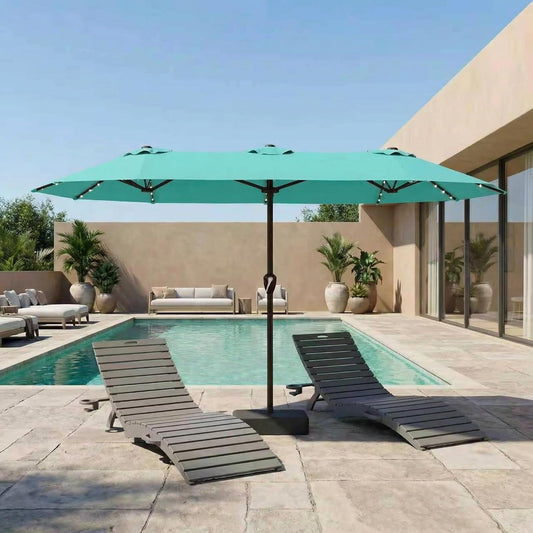 15FT Patio Umbrella with Solar Lights, Double-Sided Extra Large Outdoor Table Umbrella with Base Included, Heavy-Duty 12 Iron Ribs Market Umbrella for Garden, Pool, Backyard, Turquoise Blue