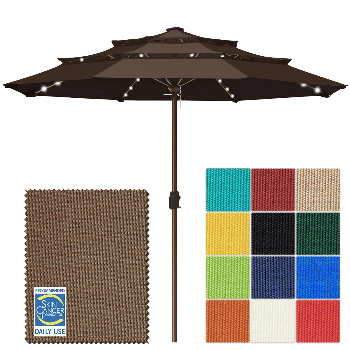 EliteShade USA 10-Year-Non-Fading 9ft 3-Tier Market Patio Umbrella, Commercial Table Umbrella with 80 Solar LED Lights, Crank Open, Windproof & UPF 50+ UV Protection for Garden, Deck, Pool, Backyard, Heather Beige