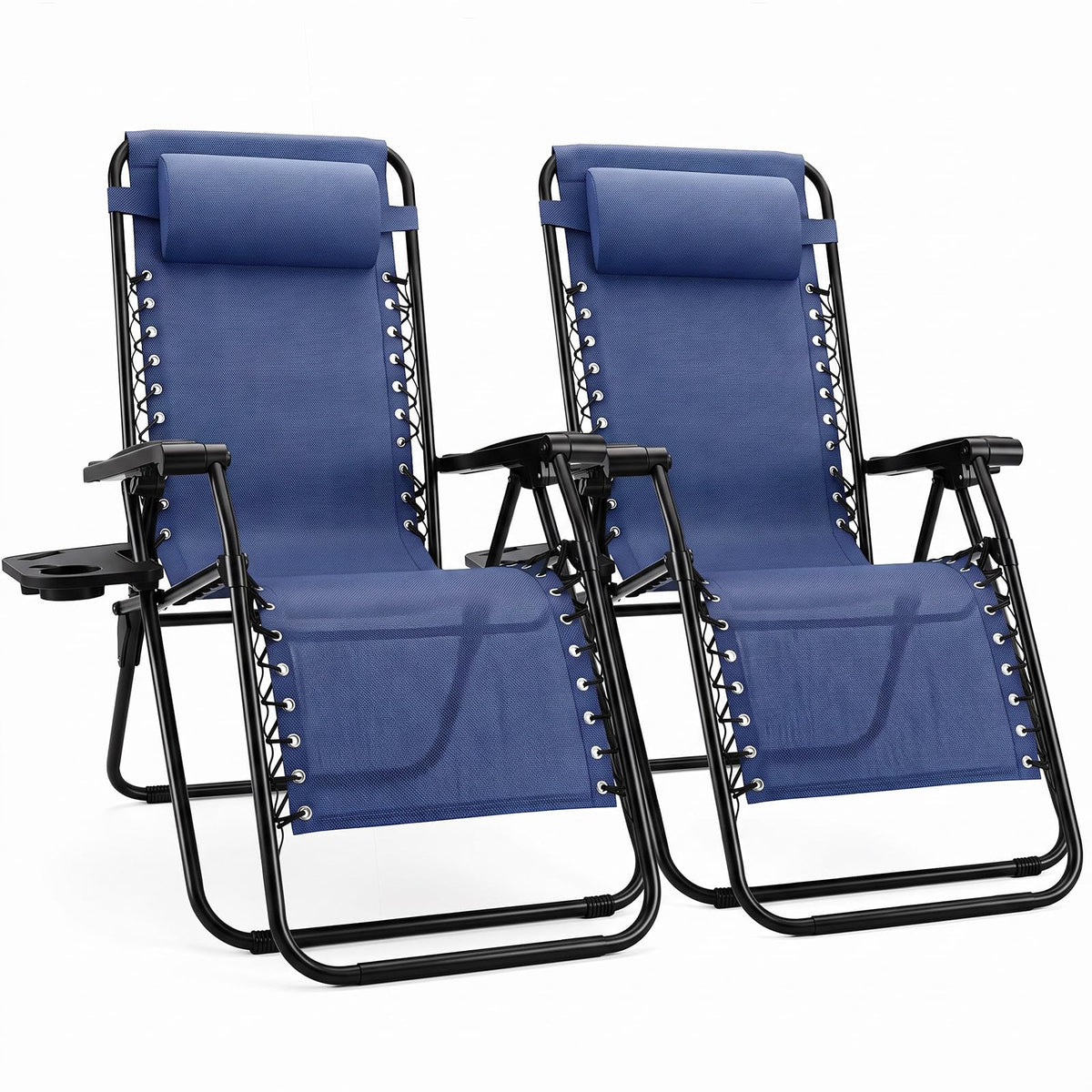 Sweetcrispy Zero Gravity Chairs Set of 2, Outdoor Folding Reclining Lounge Chair with Cup Holder Tray & Adjustable Pillow, Portable Camping Beach Patio Poolside Lawn Yard Chair, Classic Blue