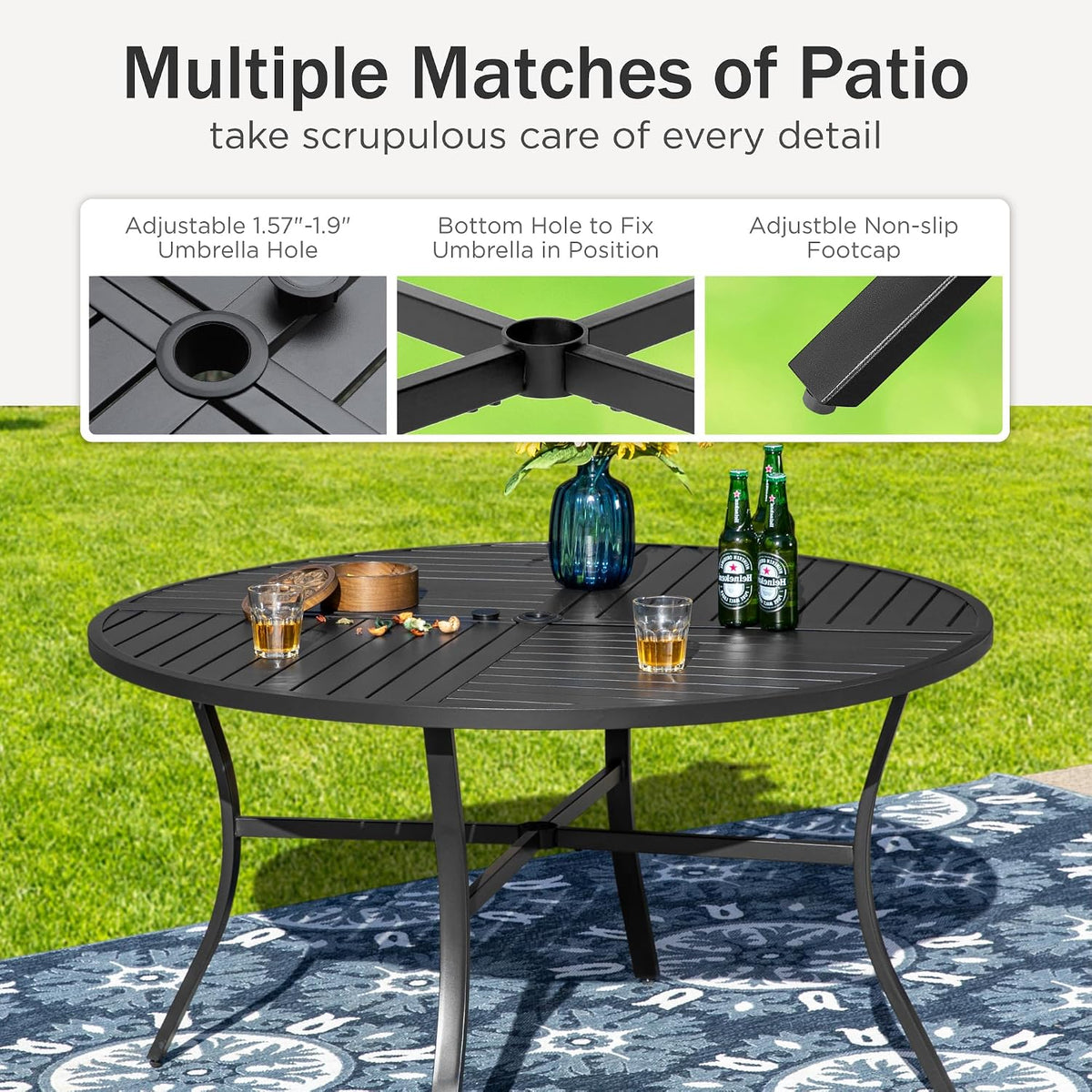 PHI VILLA Patio Round Table w/Umbrella Hole, Metal Table for 4, Black