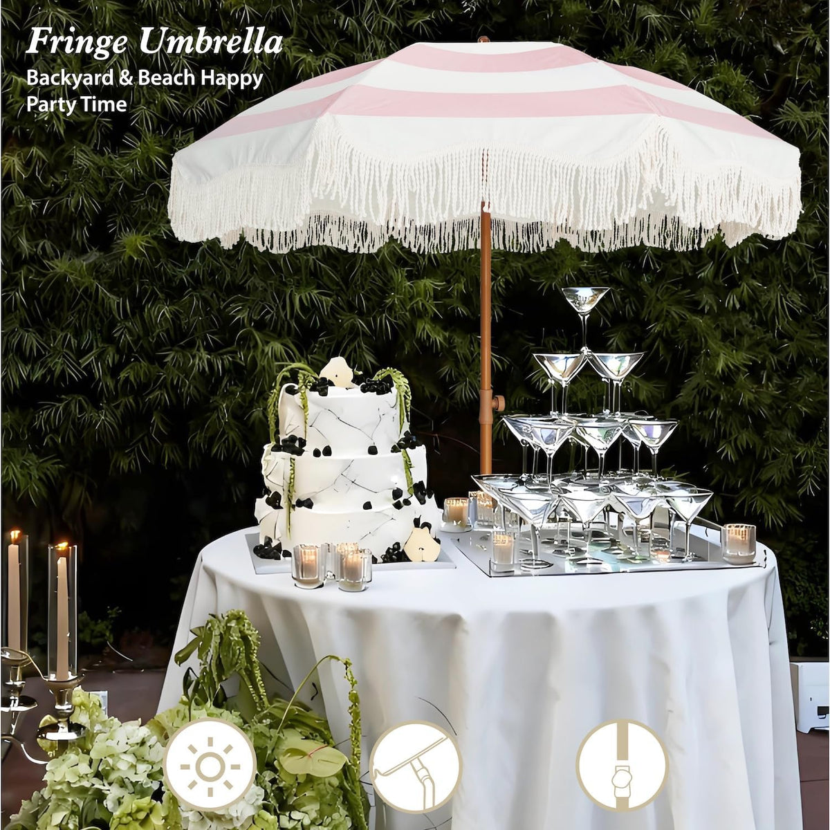 AMMSUN Boho Fringe Umbrella, 6.5ft Outdoor Umbrella with Tassel