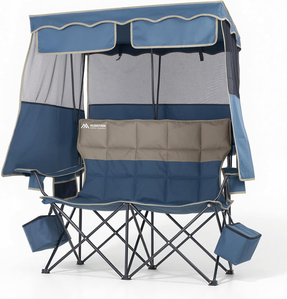 Padded Double Camping Chair With Canopy,Folding Chair Support 450LBS, Blue