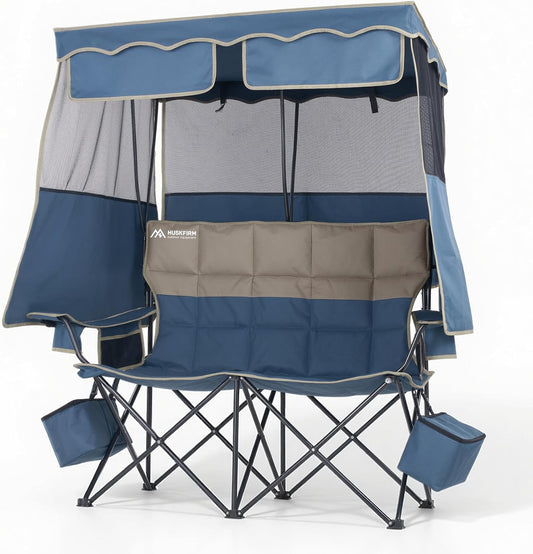 Padded Double Camping Chair With Canopy,Folding Chair Support 450LBS, Blue