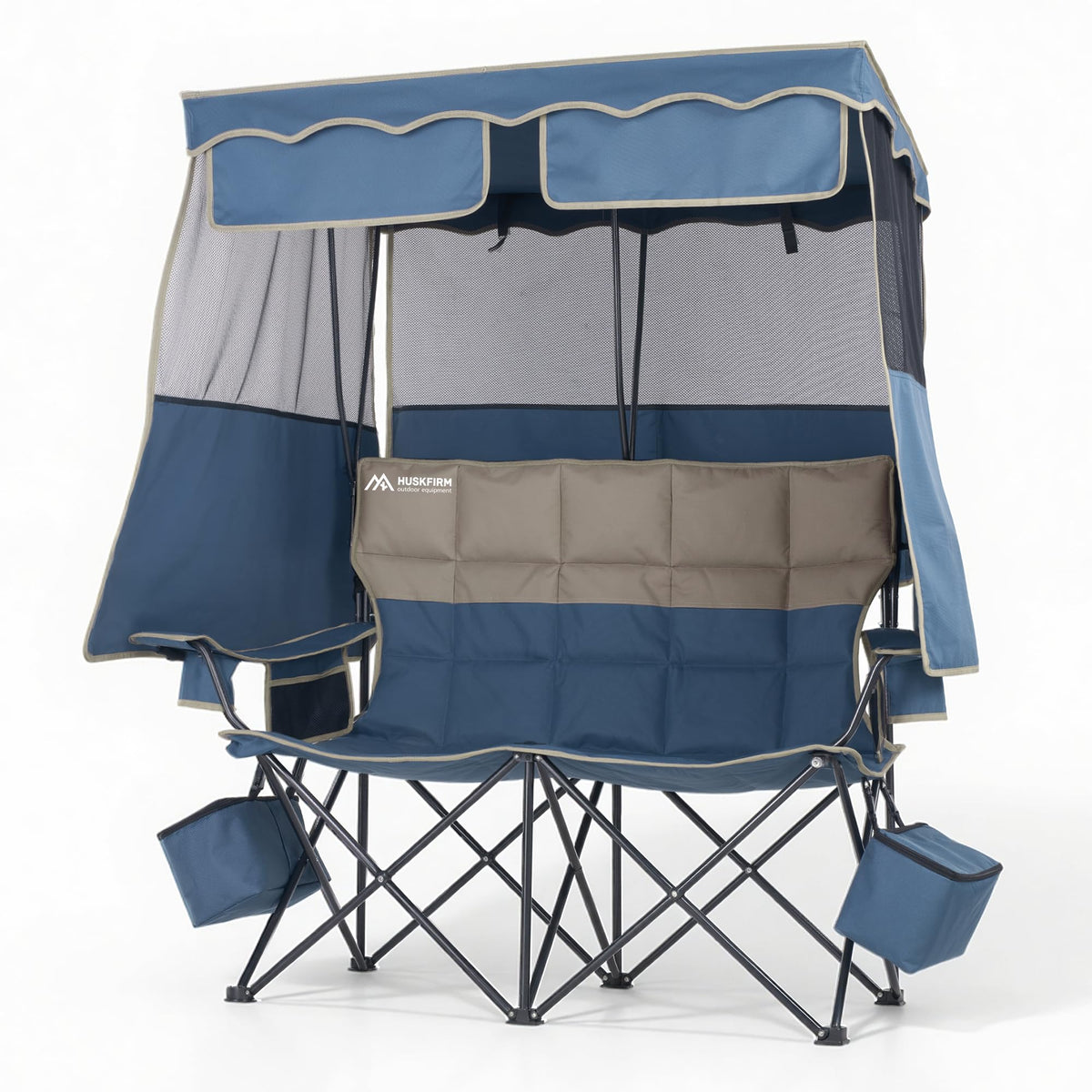Padded Double Camping Chair With Canopy,Folding Chair Support 450LBS, Blue