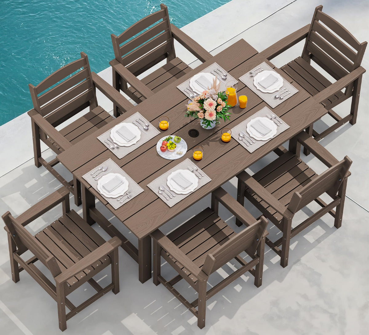 SERWALL 7 Pcs Outdoor Dining Set, 67" HDPE Dining Set for 6, Black