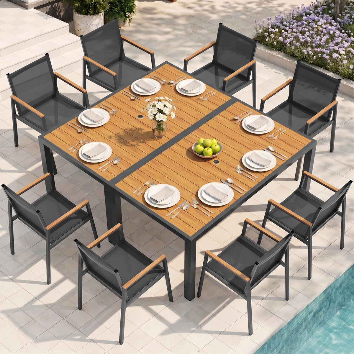 Outdoor Dining Set, 7 Piece Aluminum Patio Table and Chairs Set, All Weather Patio Dining Furniture Set with Umbrella Hole for Backyard, Deck, Poolside (Gray-Teak)
