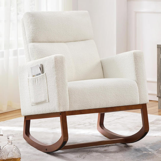 Yaheetech 28in Wide Padded High Back Nursery Rocking Chair, Ivory Boucle
