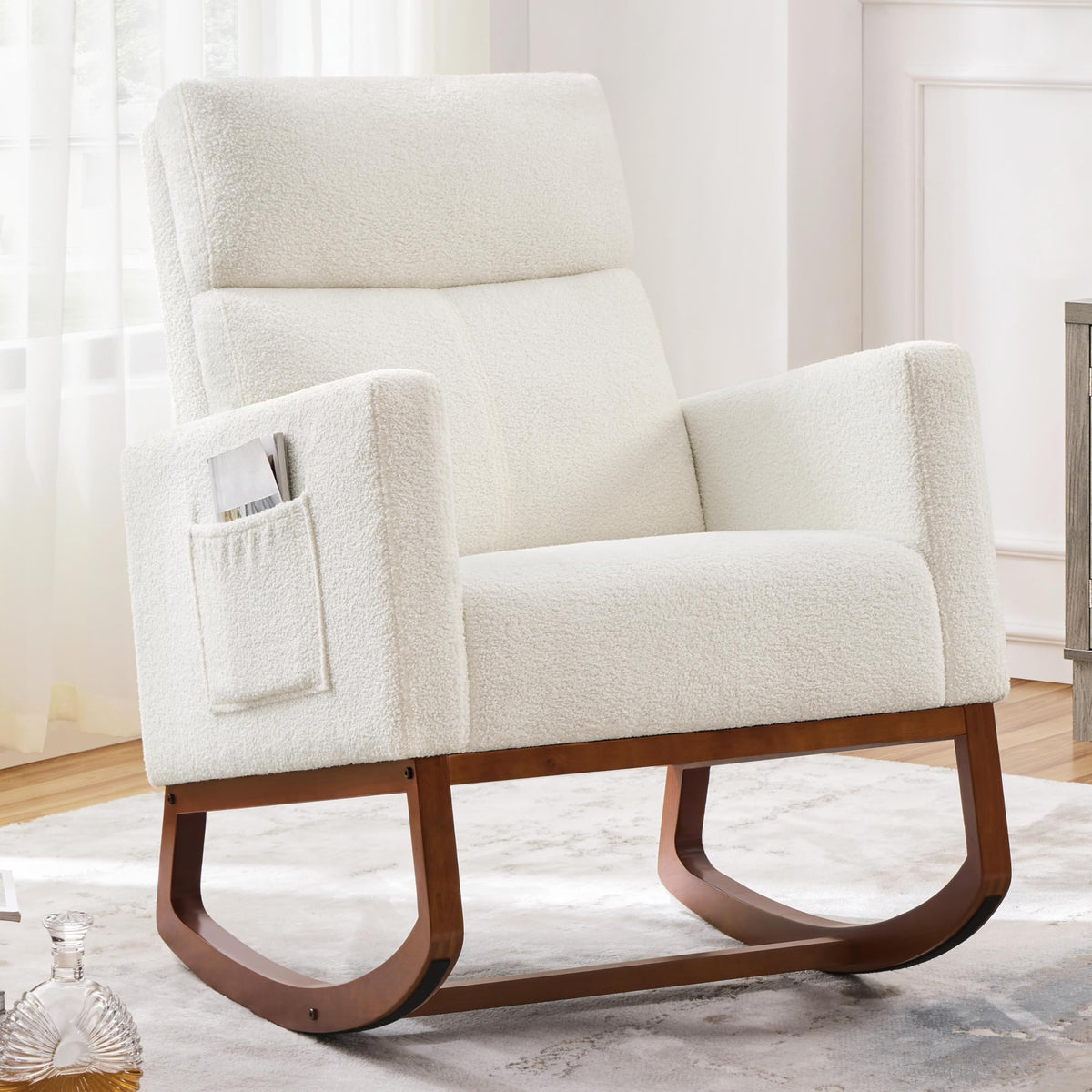 Yaheetech 28in Wide Padded High Back Nursery Rocking Chair, Ivory Boucle
