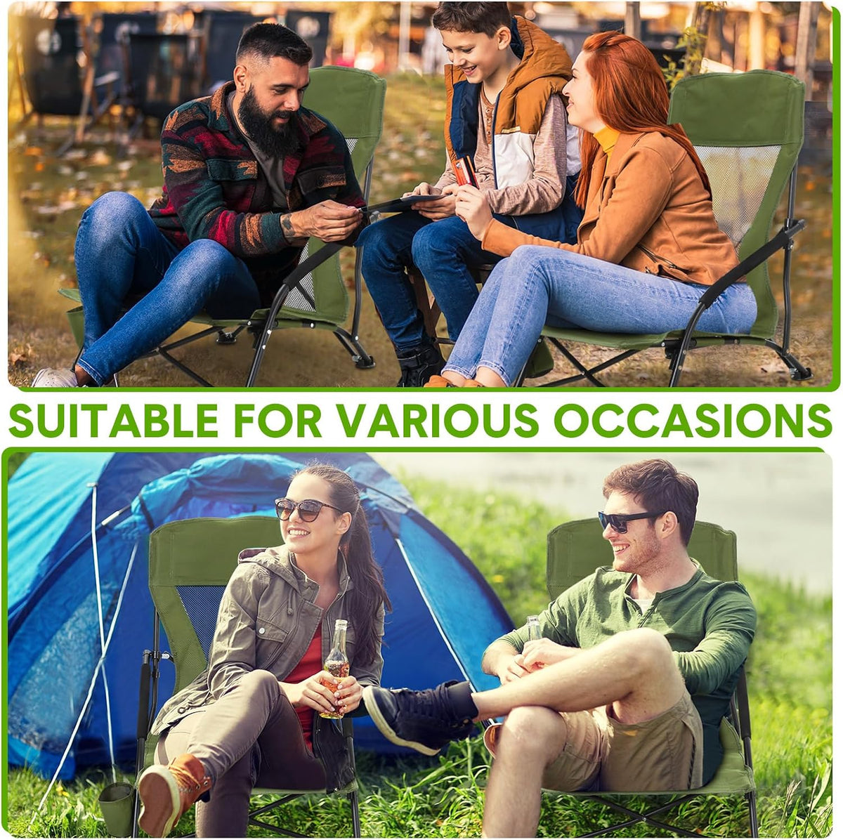 Menkxi 2 Pack Low Beach Chairs for Adults, Portable Folding Sand Chairs with Cup Holder and Carry Bag, Lightweight High Back Camping Chair for Beach Trips, Concerts, BBQ, Lawn, Outdoor (Army Green)