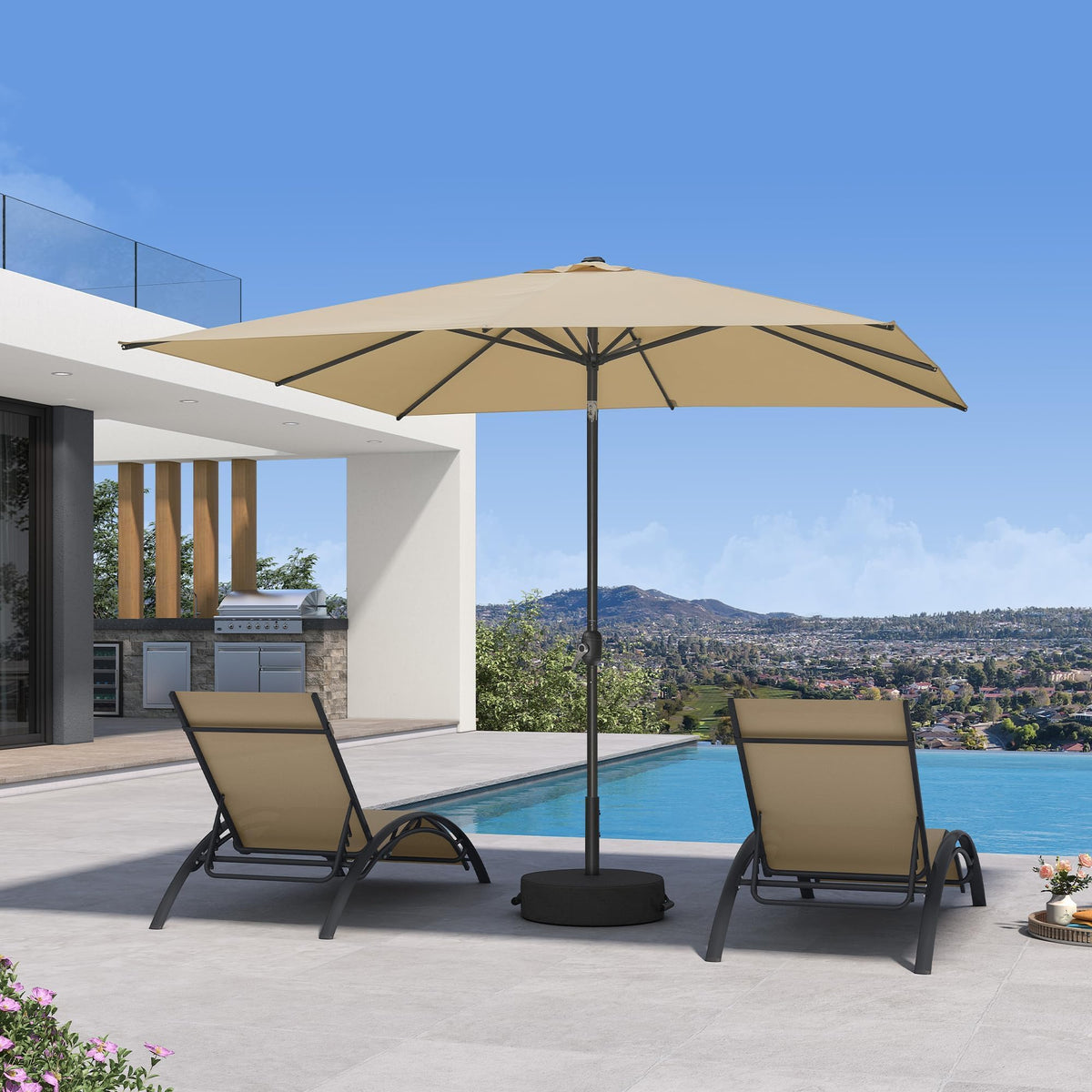 PURPLE LEAF Pool Market Umbrella with Base 9' UV Protection Outdoor, Beige