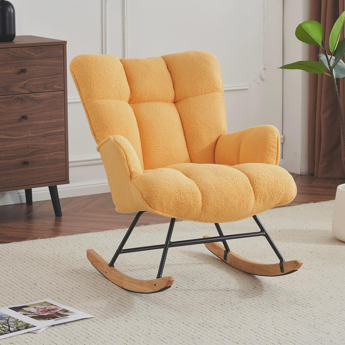 SAETSFEG Rocking Chair Nursery Teddy Upholstered Glider Rocker Rocking Accent Chair Padded Seat with High Backrest Armchair Comfy Side Chair for Living Room Bedroom Offices (Ivory Teddy)