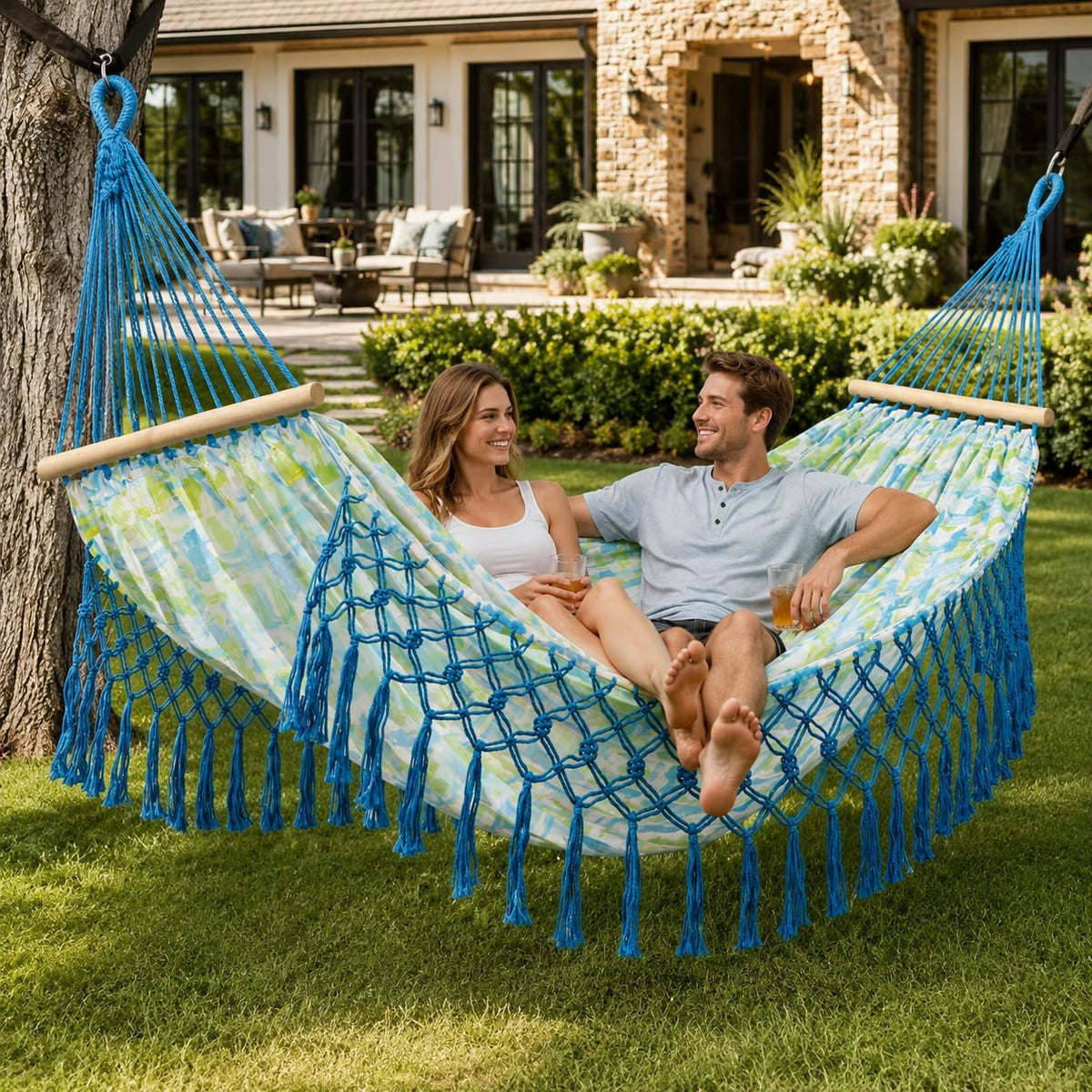 Portable Hammock,Bohemian Hammock,Rope Hammock,Suitable,Yard, Beach, Backyard,Garden (Blue, 79 * 59)
