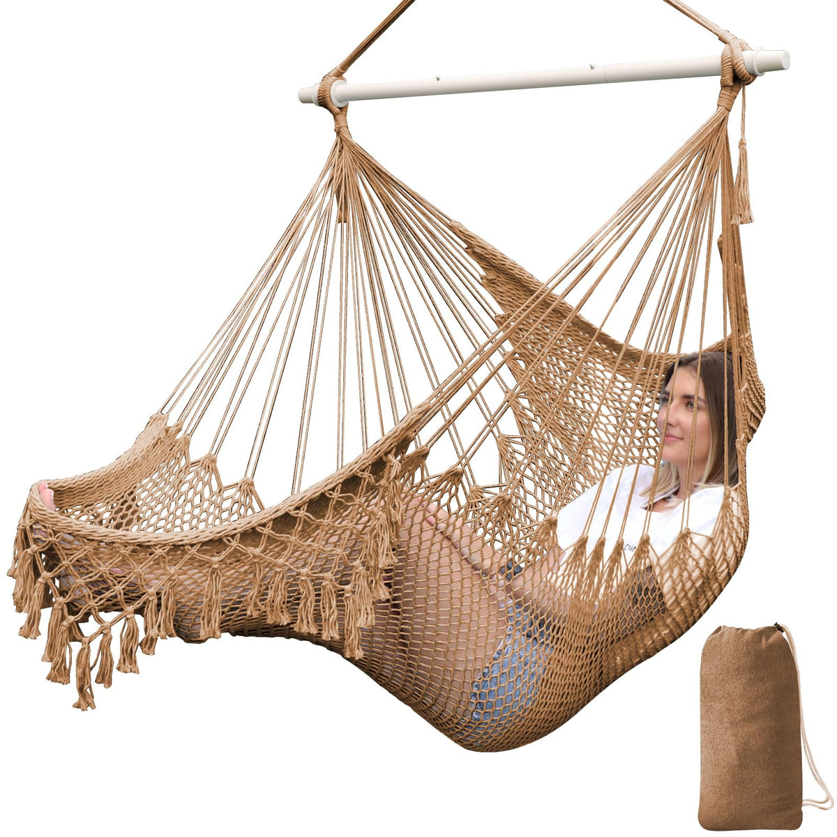 Chihee Hammock Chair Handmade Woven Mesh Hanging Seat Metal Spreader Bar