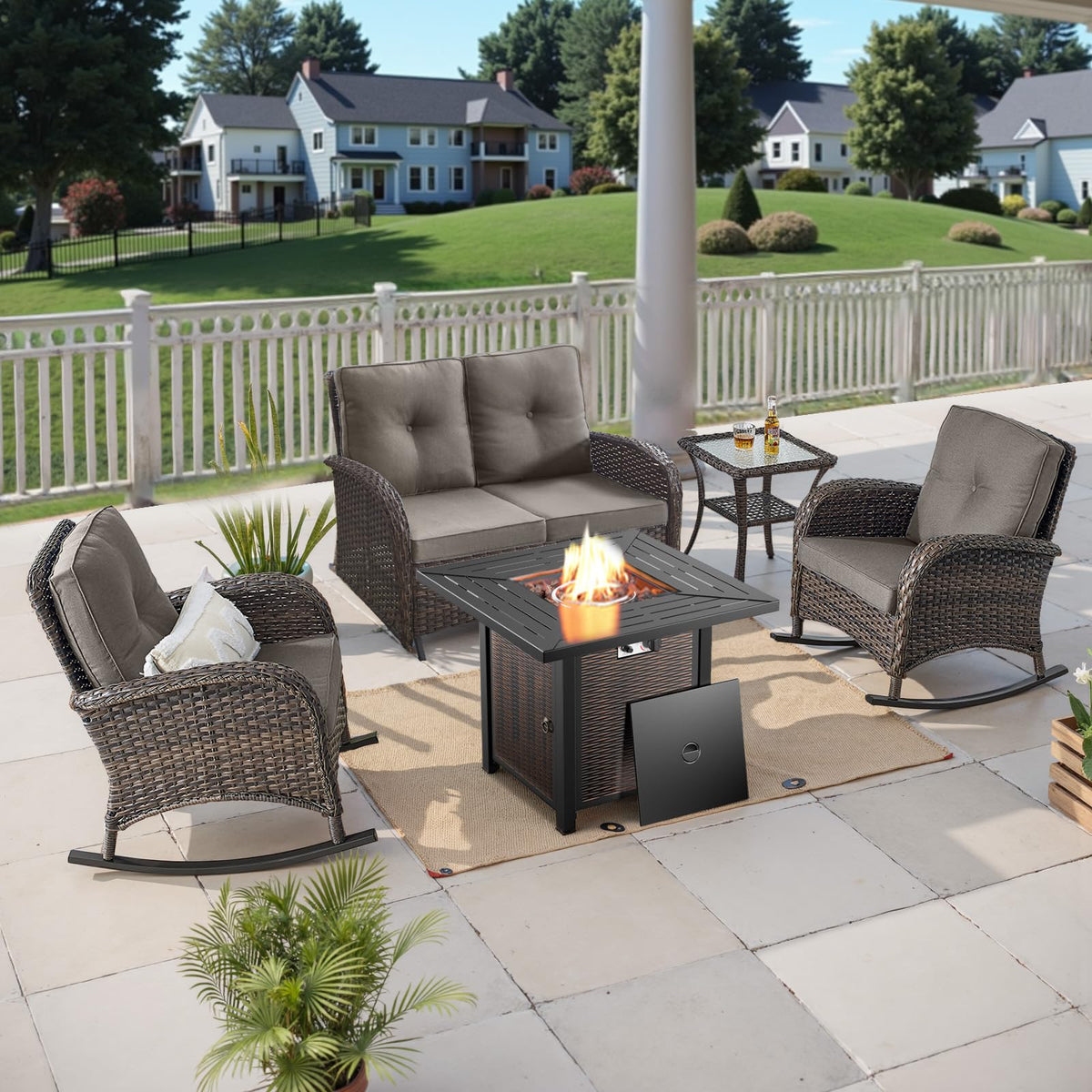 Belord Patio Rocking Chair Wicker Chair, 1 Piece Outdoor Rocking Chair Seating with Cushions for Porch Deck Balcony, Brown/Blue
