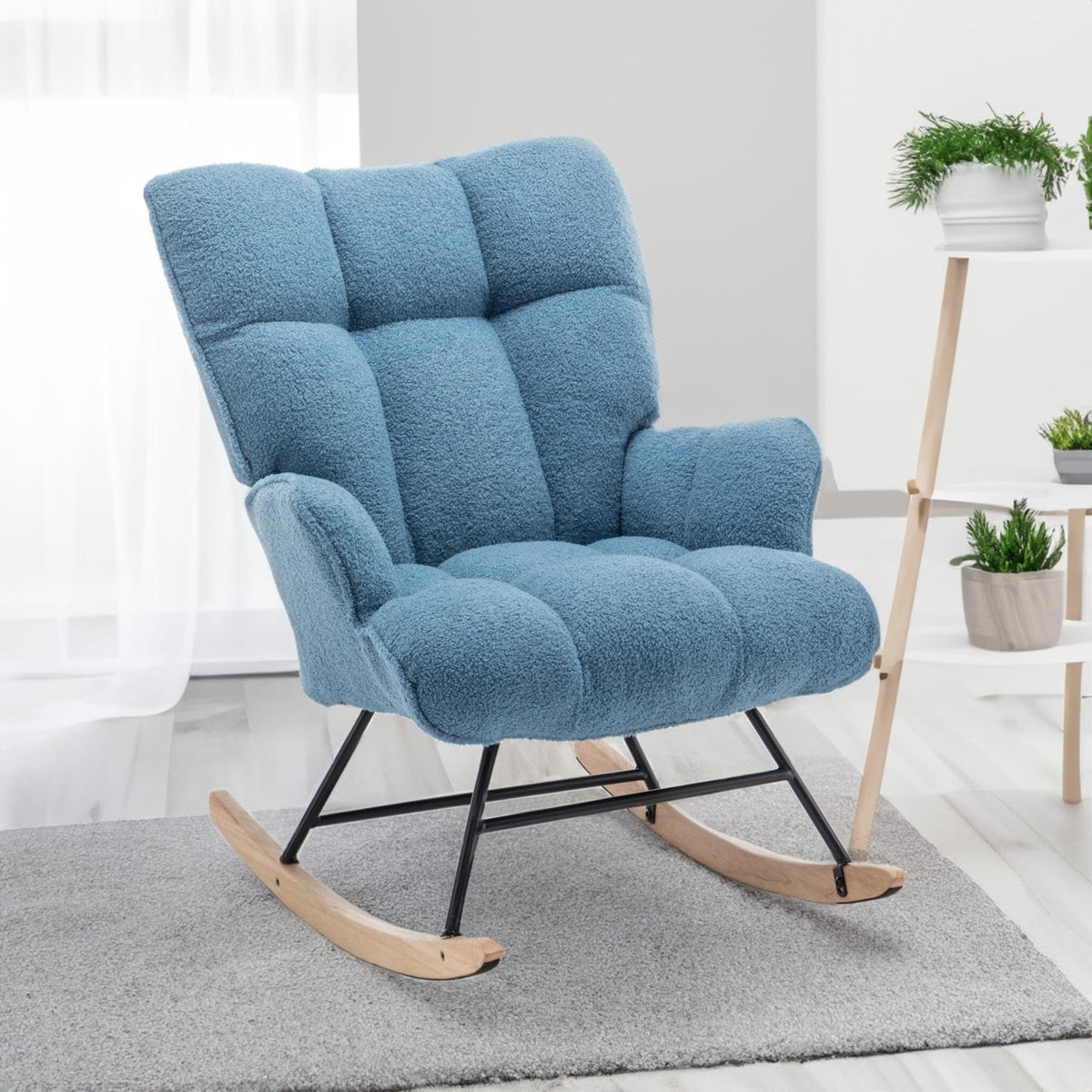 SAETSFEG Rocking Chair Nursery Teddy Upholstered Glider Rocker Rocking Accent Chair Padded Seat with High Backrest Armchair Comfy Side Chair for Living Room Bedroom Offices (Ivory Teddy)