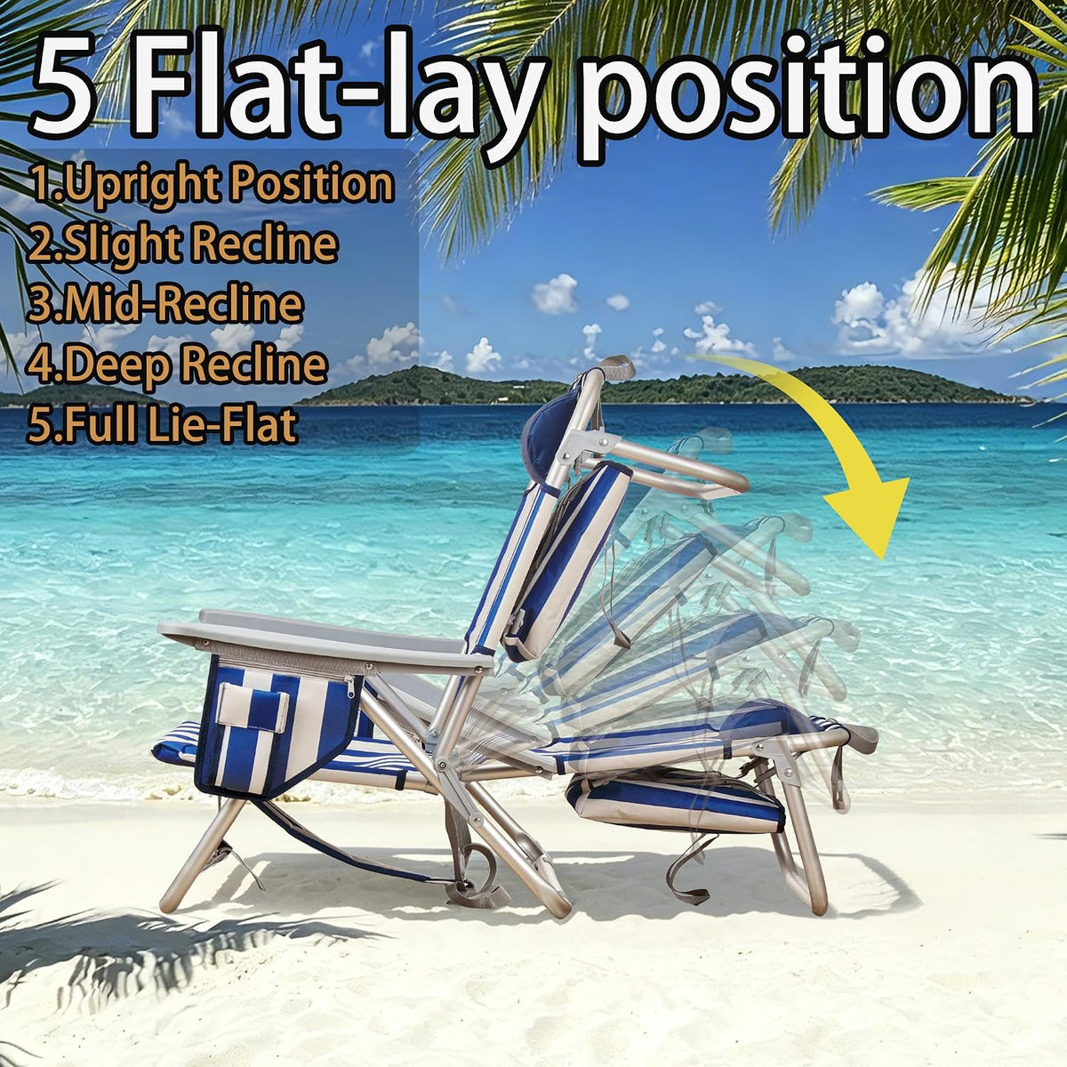 Aluminum Backpack Low Profile Beach Chair - 5-Position Lay Flat Reclining Folding Chair with Removable Cooler Bag - Heavy Duty 330 lbs Capacity, Lightweight Portable Sand Seat(1, Stripe Blue)