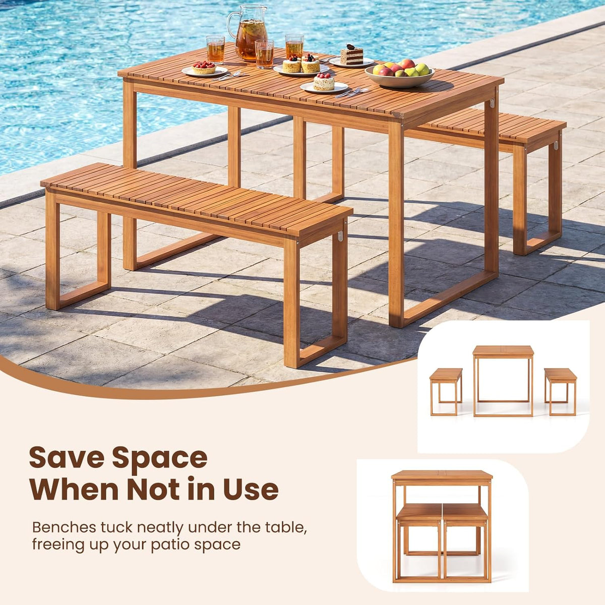 Tangkula 3 Pieces Patio Wooden Dining Set, Acacia Wood Rectangular Picnic Beer Table with 2 Benches for 4 People, Outdoor Dinner Furniture Set for Backyard, Garden and Poolside