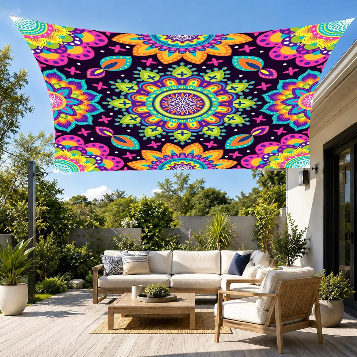 Miytal Blacklight Outdoor Sunshade Sail – 6' × 6' UV Reactive Mandala Canopy, Glow in the Dark Neon Tie-Dye Patio Shade Cloth for Garden, Backyard, Deck & Party Decor