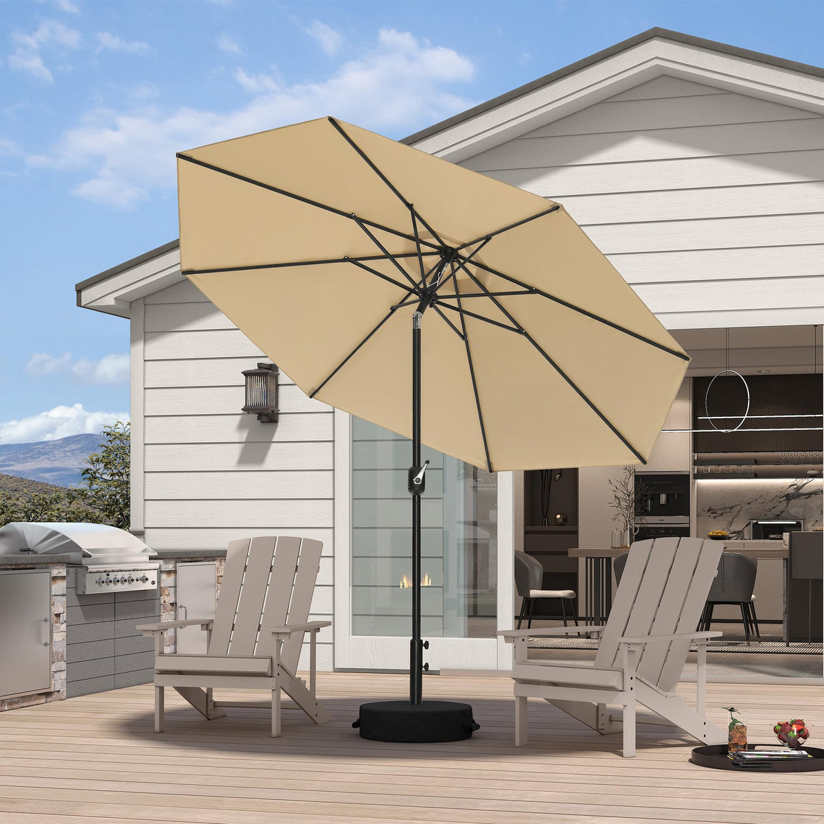 PURPLE LEAF Pool Market Umbrella with Base 9' UV Protection Outdoor, Beige