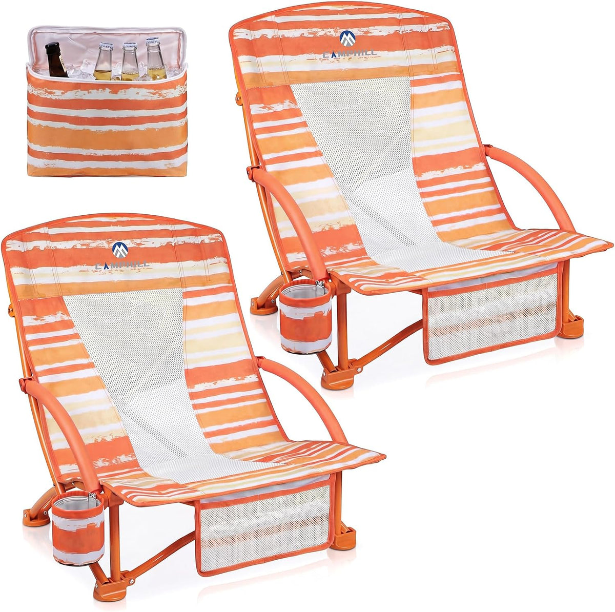 Beach Chairs for Adults 2 Pack,Heavy Duty Folding Low Back Camping Chairs w/Cooler Bag,Mesh Back,Cup Holder & Storage Bag,Compact Sling Chair for Lawn,Picnic,Travel,Orange Strip