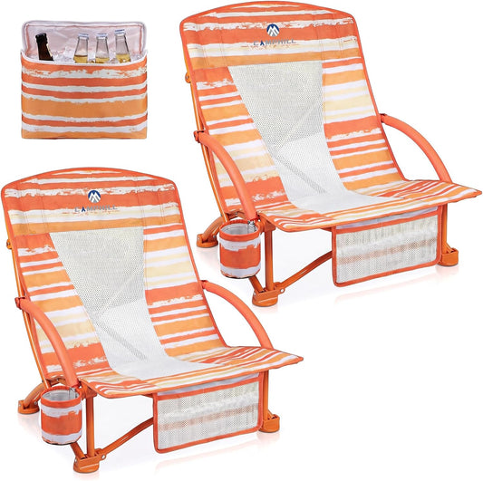 Beach Chairs for Adults 2 Pack,Heavy Duty Folding Low Back Camping Chairs w/Cooler Bag,Mesh Back,Cup Holder & Storage Bag,Compact Sling Chair for Lawn,Picnic,Travel,Orange Strip