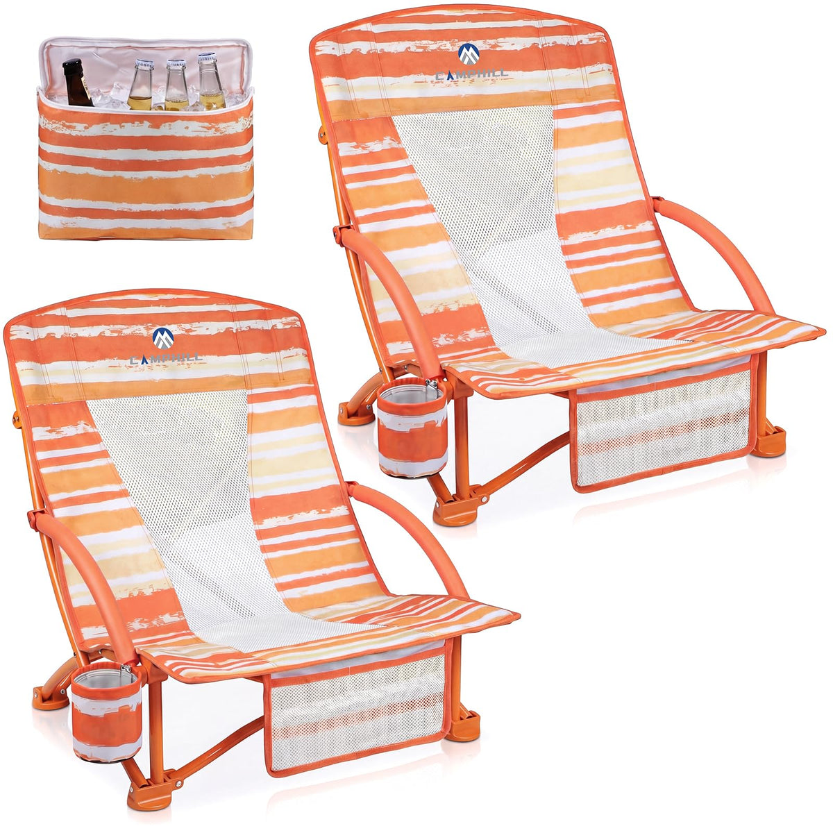Beach Chairs for Adults 2 Pack,Heavy Duty Folding Low Back Camping Chairs w/Cooler Bag,Mesh Back,Cup Holder & Storage Bag,Compact Sling Chair for Lawn,Picnic,Travel,Orange Strip
