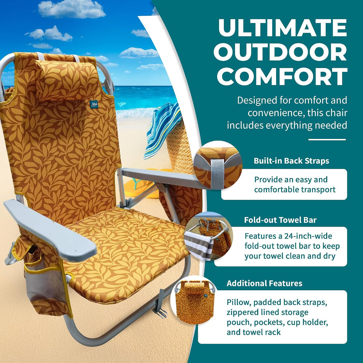 Bliss Hammocks Folding Backpack Beach Chair Recliner, Amber Leaf