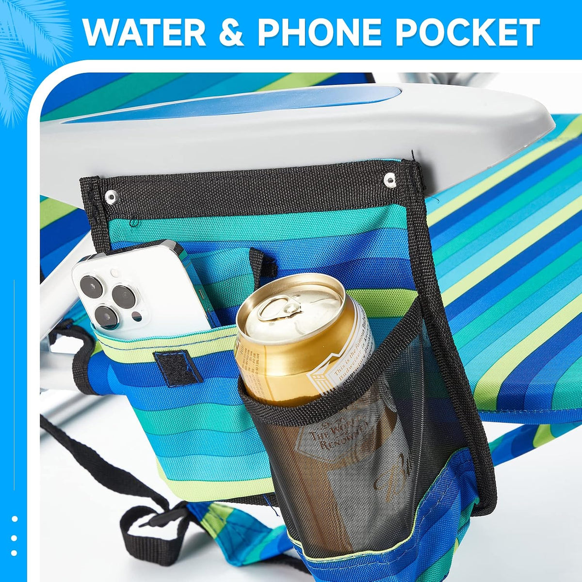 Portable Beach Chair for Adults, Outdoor Camping Chair Lay Flat Folding Backpack Beach Reclining Chair with 5 Positions, Headrest, Cup Holder, Heavy Ocean Striped