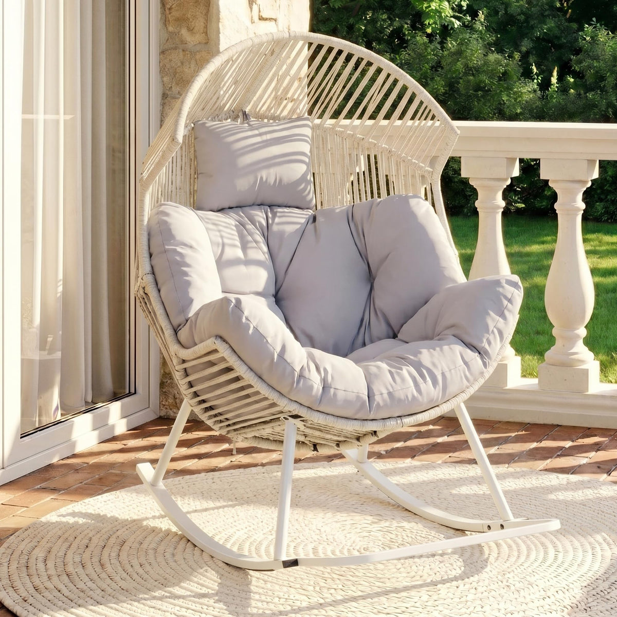 JAMFLY Egg Chair Rocking Chairs, Wicker Patio Chair Oversized Lounger Chair with Cushion for Indoor Living Room Bedroom Outdoor Patio Backyard Balcony Garden, Cream White