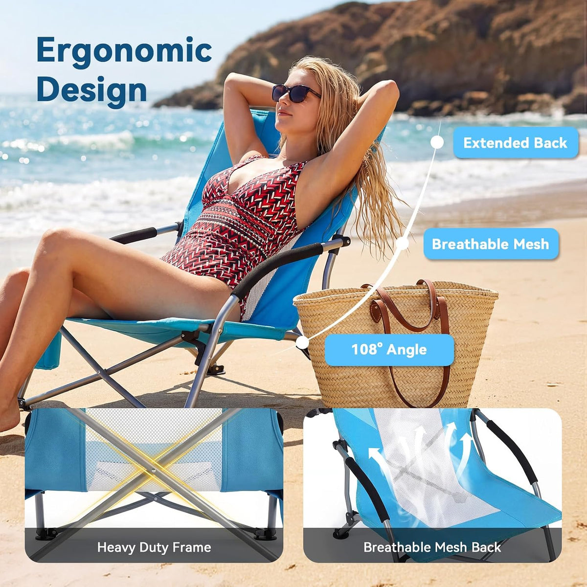 Folding Beach Chair for Adults with UPF 50+ Umbrella, Lightweight Low Beach Chair with Mesh Back, Portable Camping Chair with Carry Bag for Outdoor Beach Lawn Camping, 300lbs Capacity(Blue)