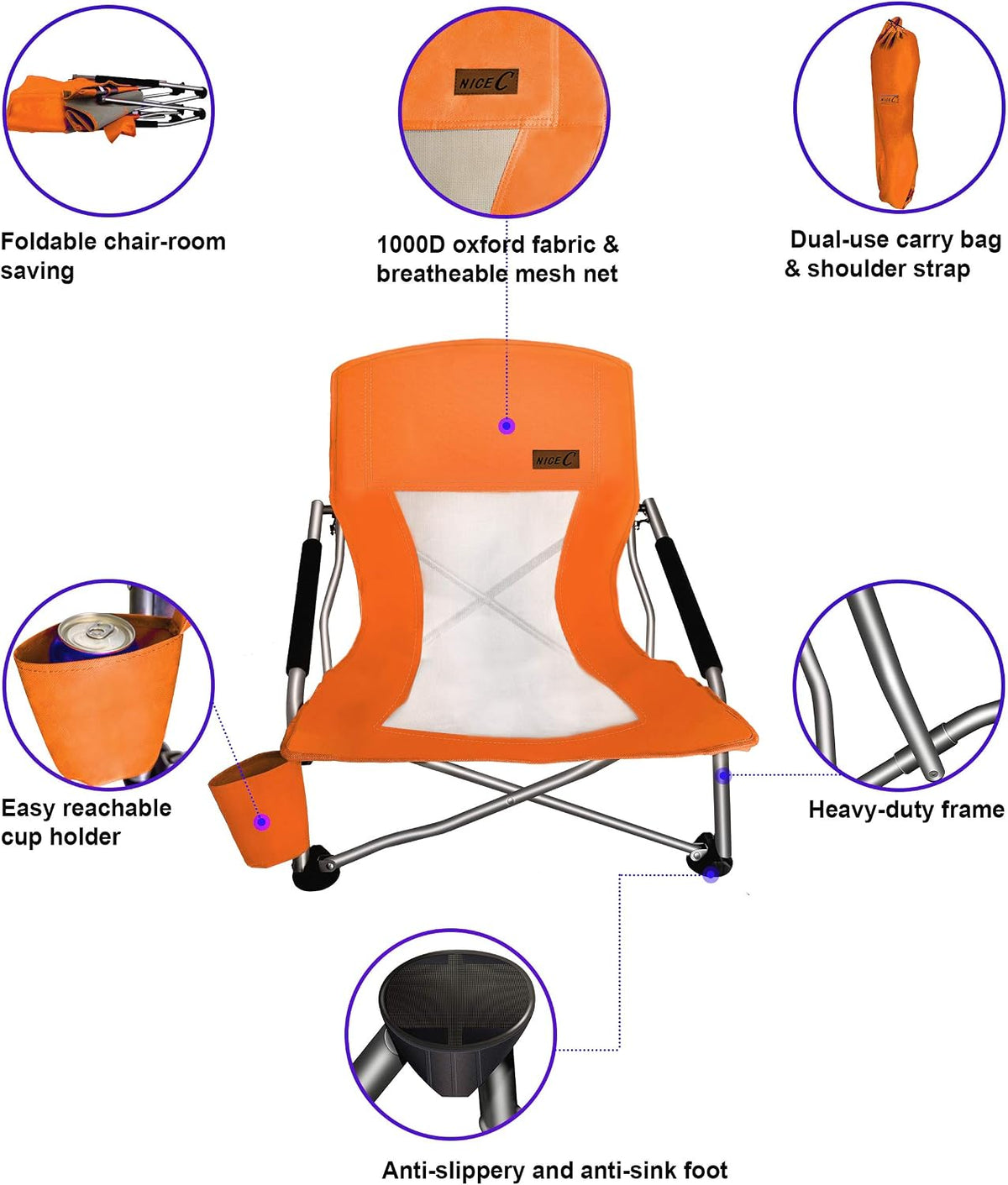Nice C Low Beach Camping Folding Chair, River Sand Lake Chair (2P Orange)