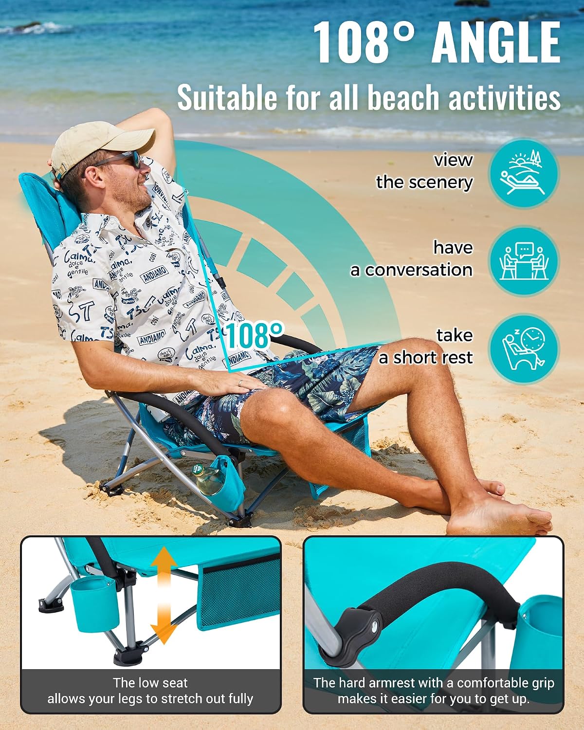 KingCamp Low Beach Chairs 2 Pack, Folding Portable High Back Chair