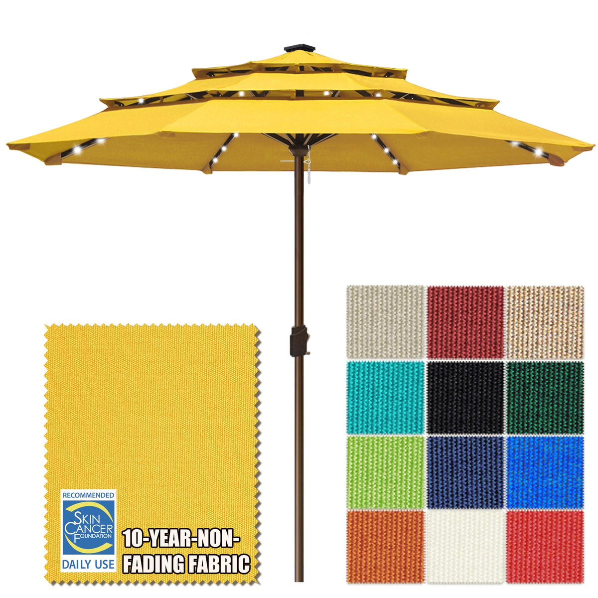 EliteShade USA 10-Year-Non-Fading 9ft 3-Tier Market Patio Umbrella, Commercial Table Umbrella with 80 Solar LED Lights, Crank Open, Windproof & UPF 50+ UV Protection for Garden, Deck, Pool, Backyard, Heather Beige