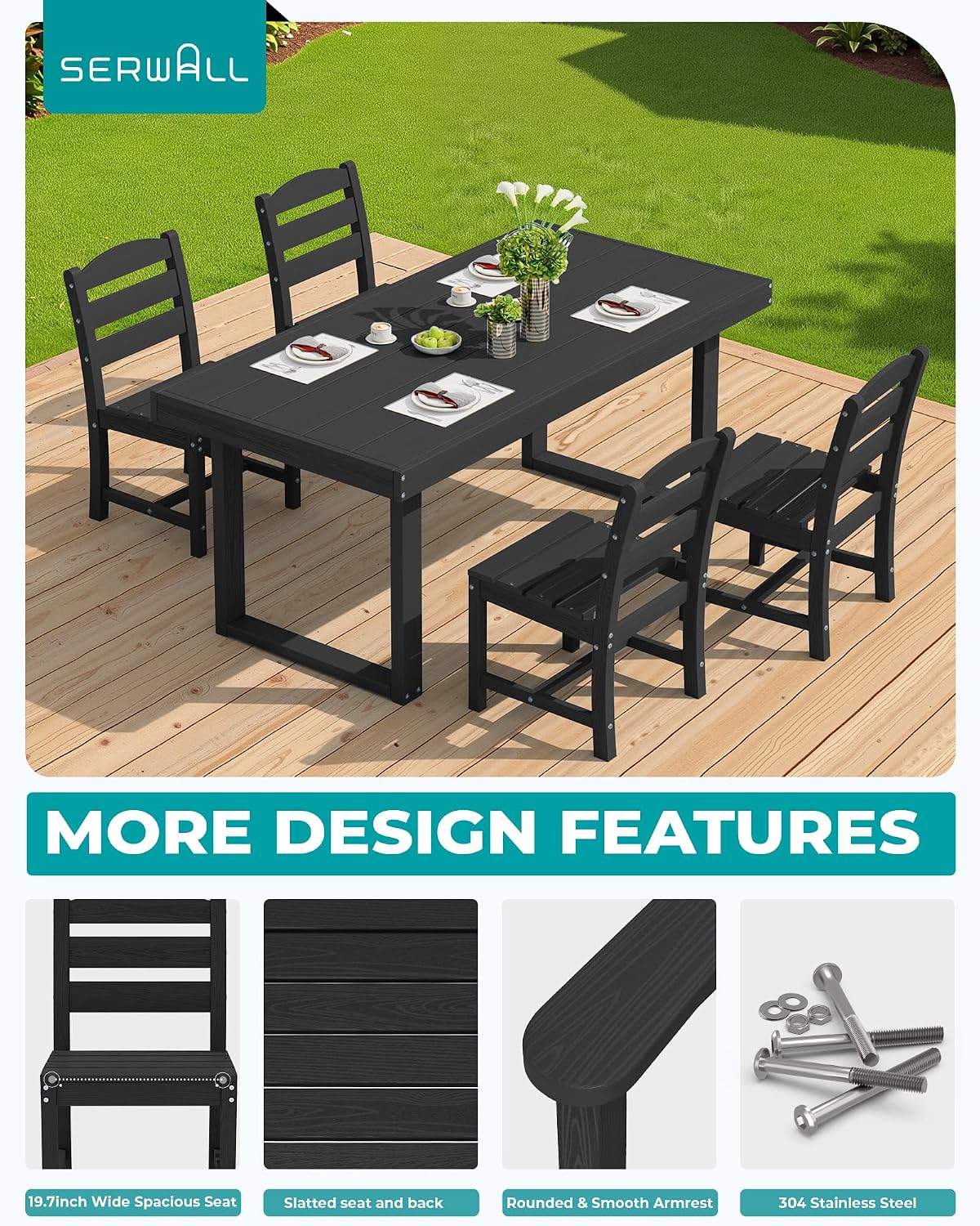 SERWALL HDPE Outdoor Dining Set for 4, 67'' Patio Table and Chairs Set