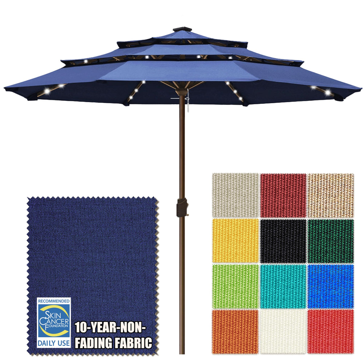 EliteShade USA 10-Year-Non-Fading 9ft 3-Tier Market Patio Umbrella, Commercial Table Umbrella with 80 Solar LED Lights, Crank Open, Windproof & UPF 50+ UV Protection for Garden, Deck, Pool, Backyard, Heather Beige