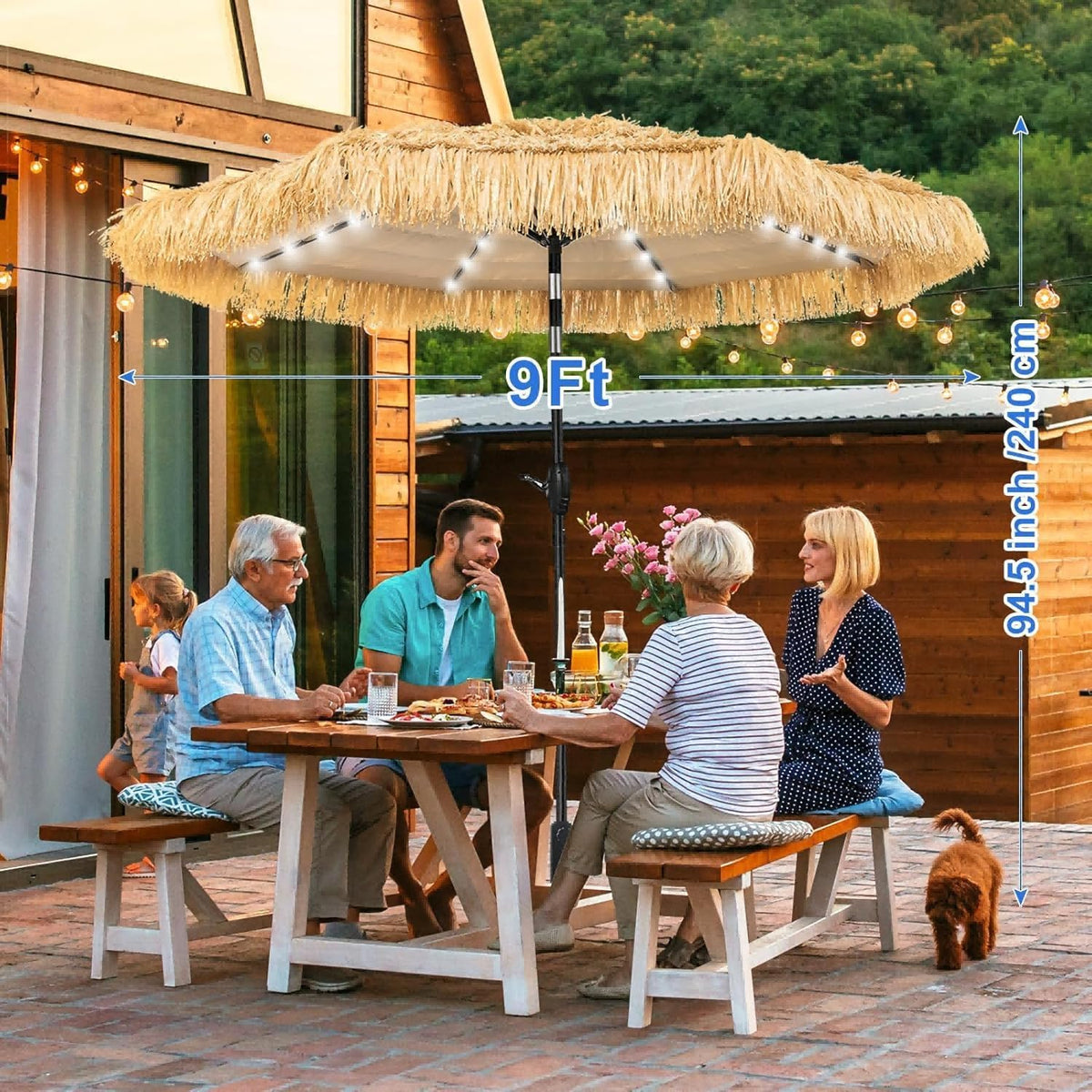 9FT Solar Tiki Thatched Umbrella With 32 LED+1 Centre Lights for Outdoor