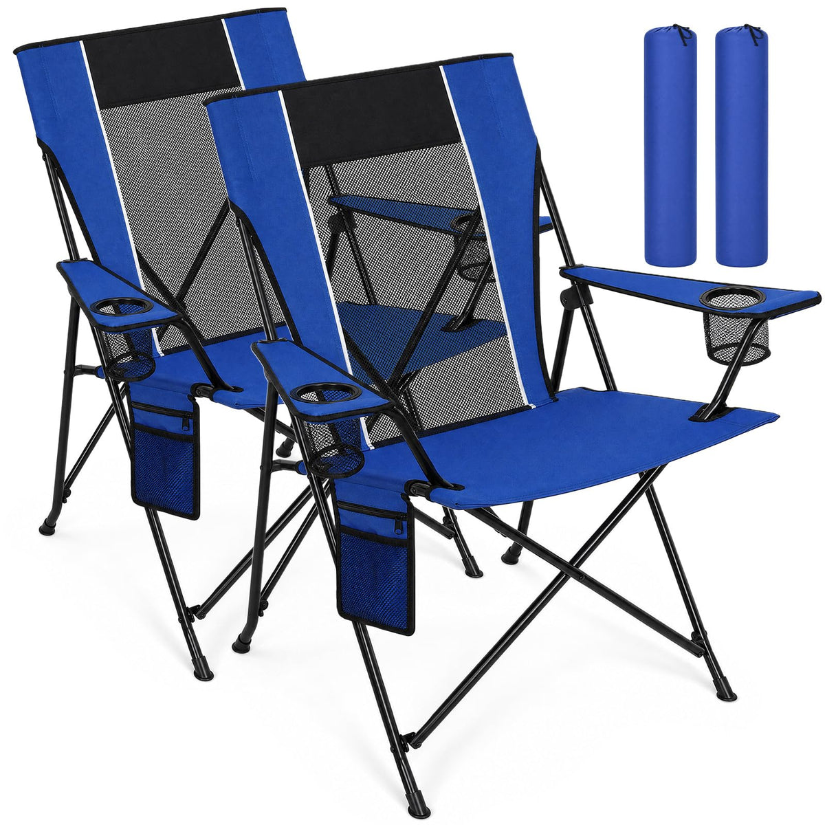 Camping Chairs for Adults 2 Pack, Folding Chair with 4-Can Cooler Bag & Cup Holder, Portable Heavy Duty Outdoor Chair with Mesh Back for Camping, Beach, Lawn, Fishing, Blue