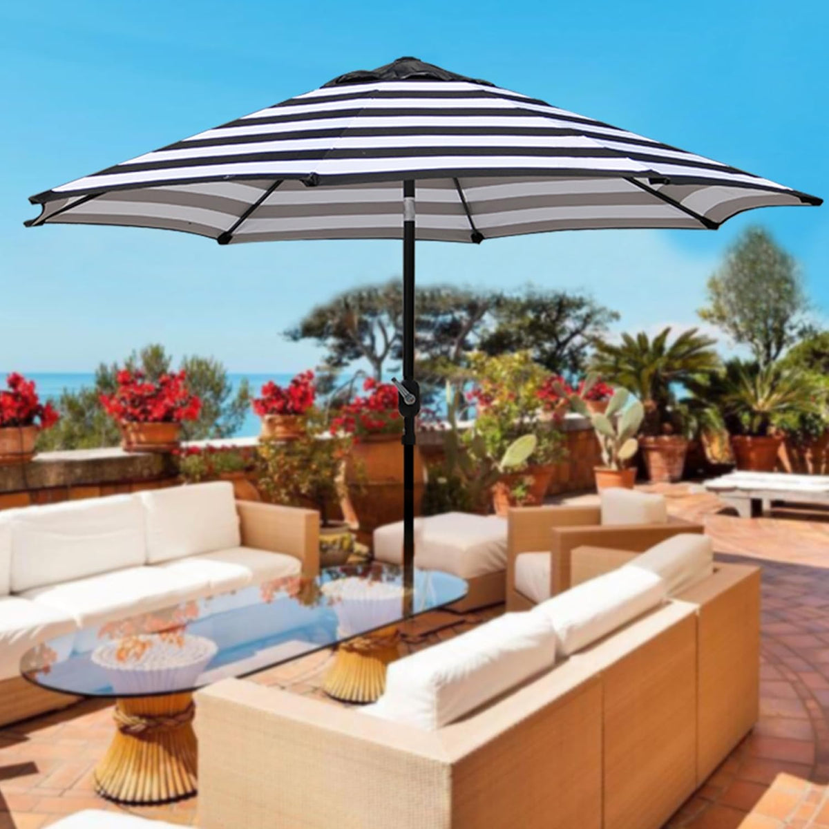 Blissun 9' Outdoor Patio Umbrella, Outdoor Table Umbrella, Yard Umbrella, Market Umbrella with 8 Sturdy Ribs, Push Button Tilt and Crank