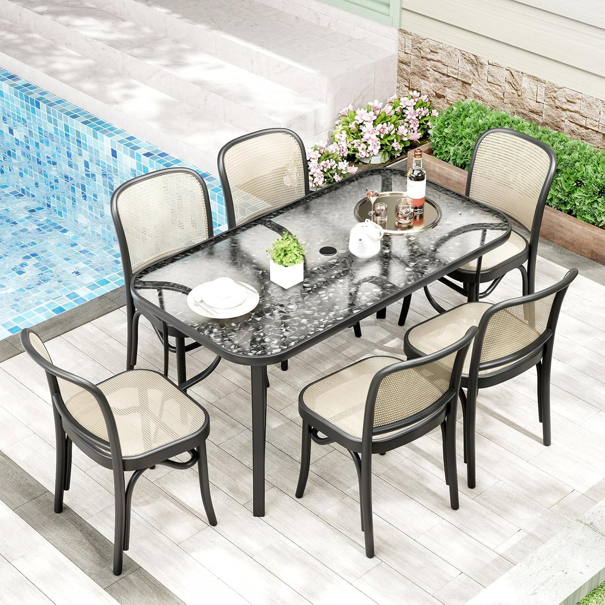 TLSUNNY Patio 30"X 55" Rectangular Glass Table with 1.69″ Umbrella Hole