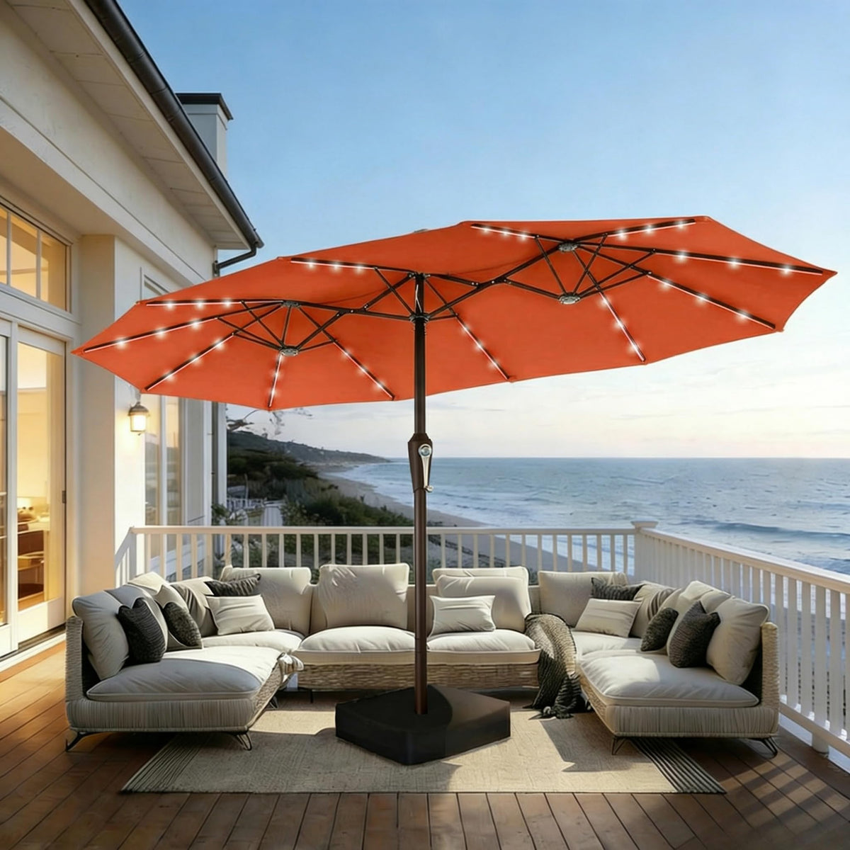 15FT Patio Umbrella with Solar Lights, Double-Sided Extra Large Outdoor Table Umbrella with Base Included, Heavy-Duty 12 Iron Ribs Market Umbrella for Garden, Pool, Backyard, Turquoise Blue