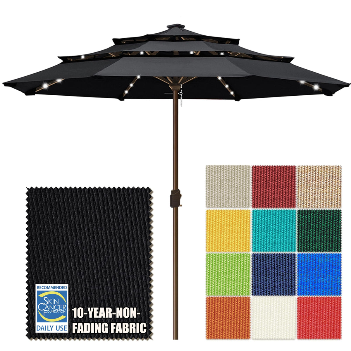 EliteShade USA 10-Year-Non-Fading 9ft 3-Tier Market Patio Umbrella, Commercial Table Umbrella with 80 Solar LED Lights, Crank Open, Windproof & UPF 50+ UV Protection for Garden, Deck, Pool, Backyard, Heather Beige