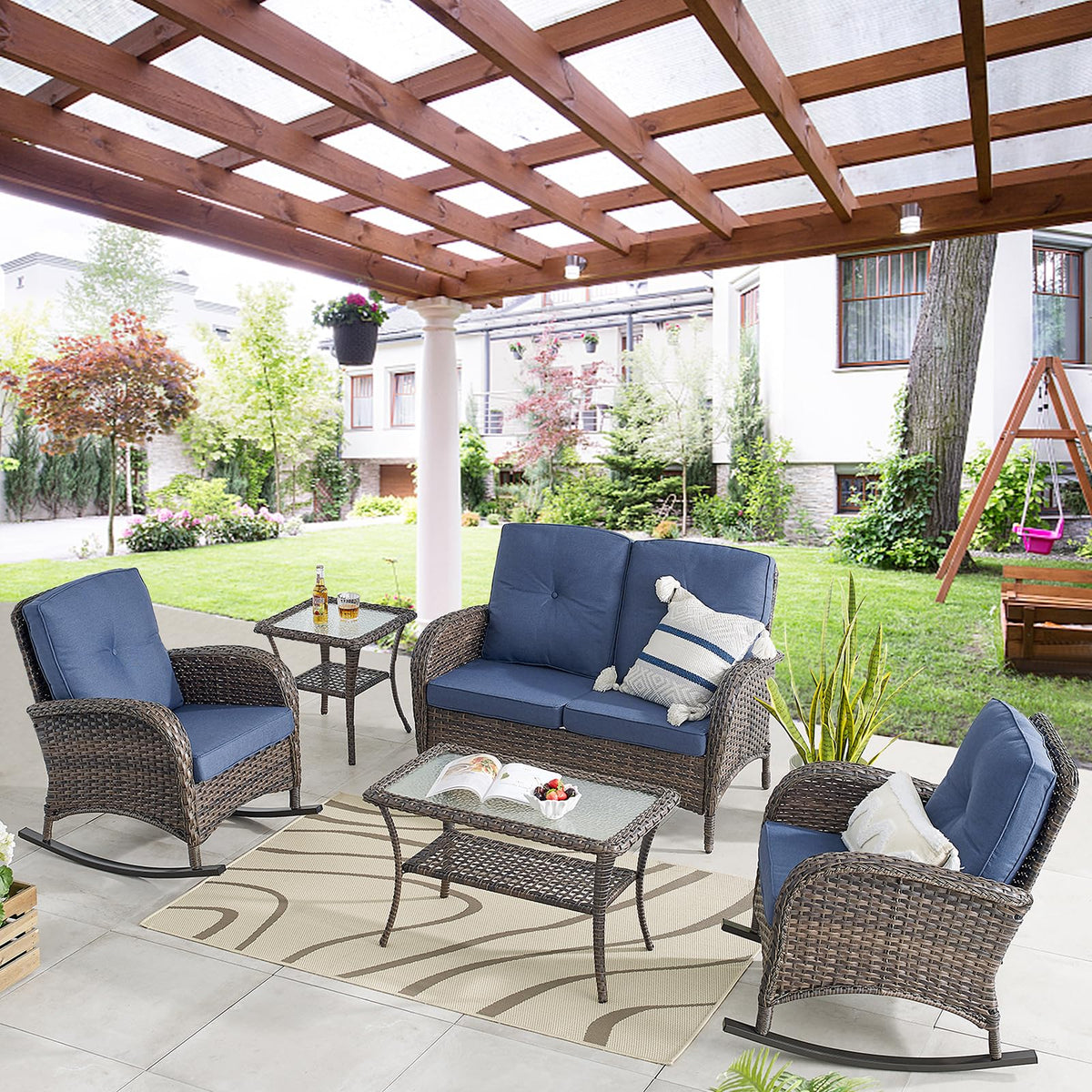 Belord Patio Rocking Chair Wicker Chair, 1 Piece Outdoor Rocking Chair Seating with Cushions for Porch Deck Balcony, Brown/Blue