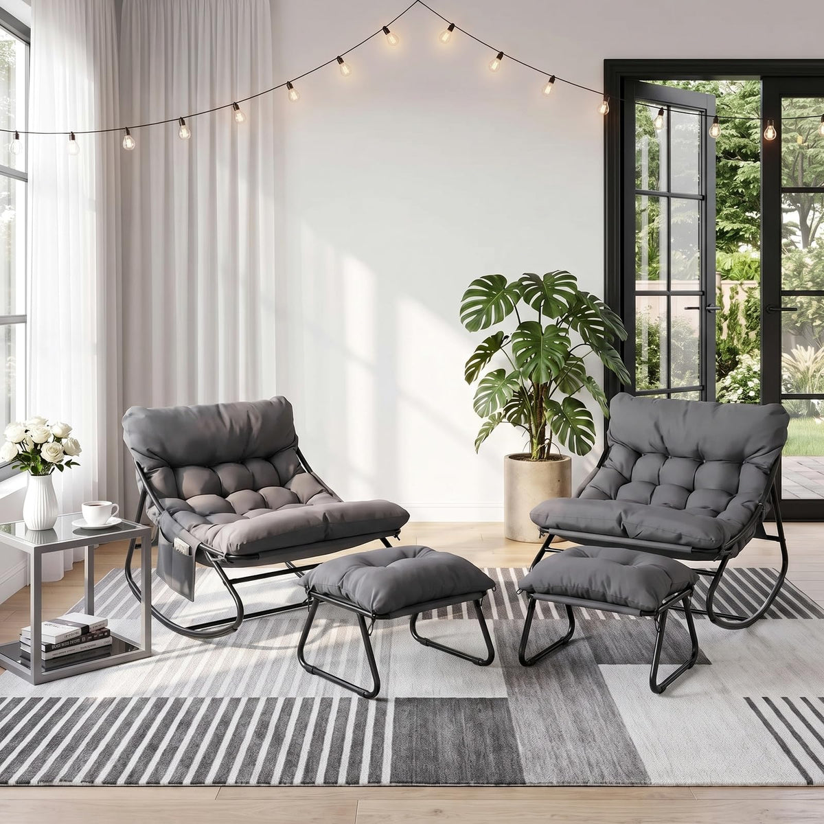 Arlopu Outdoor Rocking Chair with Ottoman, Papasan Rocking Chair