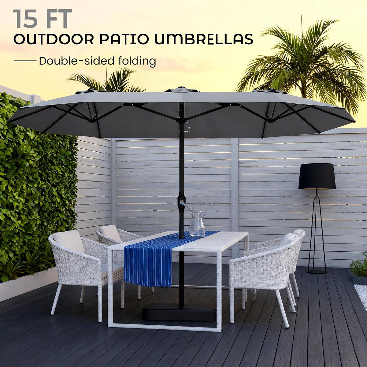 15ft Large Double-Sided Rectangle Patio Umbrella with Base Included,Gray
