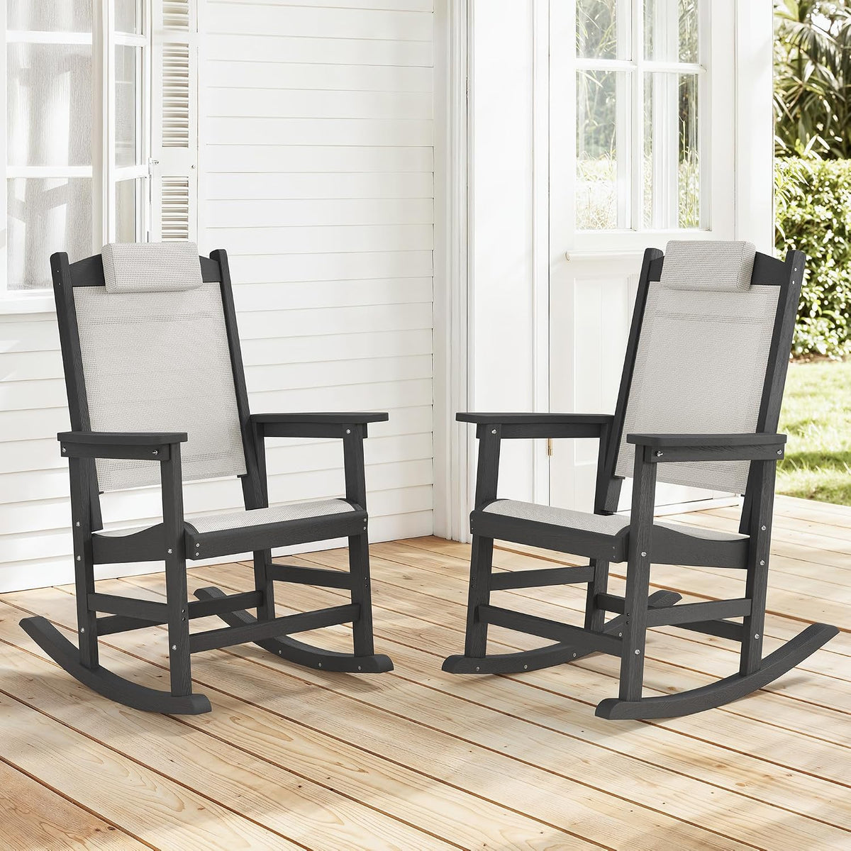 Outdoor Rocking Chair Set of 2 with Removable Headrest, HDPE All-Weather Rocker with Breathable Textilene, Patio Rocking Chairs for Adult, High Back Smooth for Porch, Garden, Lawn, Black