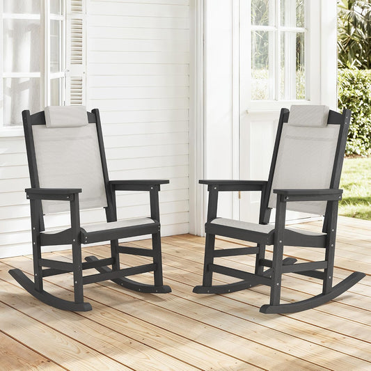 Outdoor Rocking Chair Set of 2 with Removable Headrest, HDPE All-Weather Rocker with Breathable Textilene, Patio Rocking Chairs for Adult, High Back Smooth for Porch, Garden, Lawn, Black