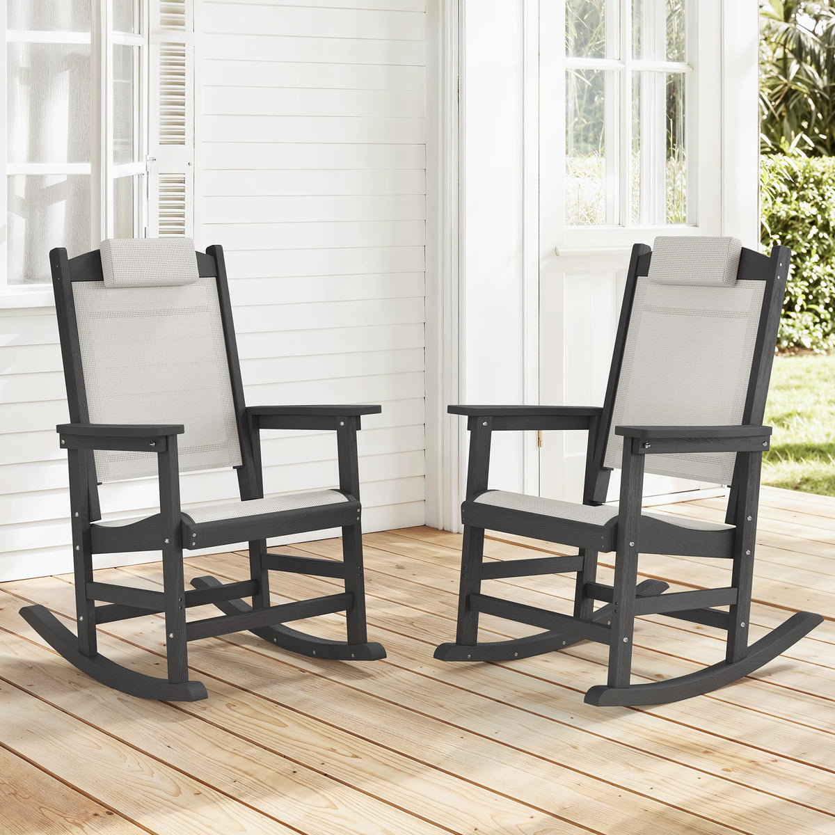 Outdoor Rocking Chair Set of 2 with Removable Headrest, HDPE All-Weather Rocker with Breathable Textilene, Patio Rocking Chairs for Adult, High Back Smooth for Porch, Garden, Lawn, Black