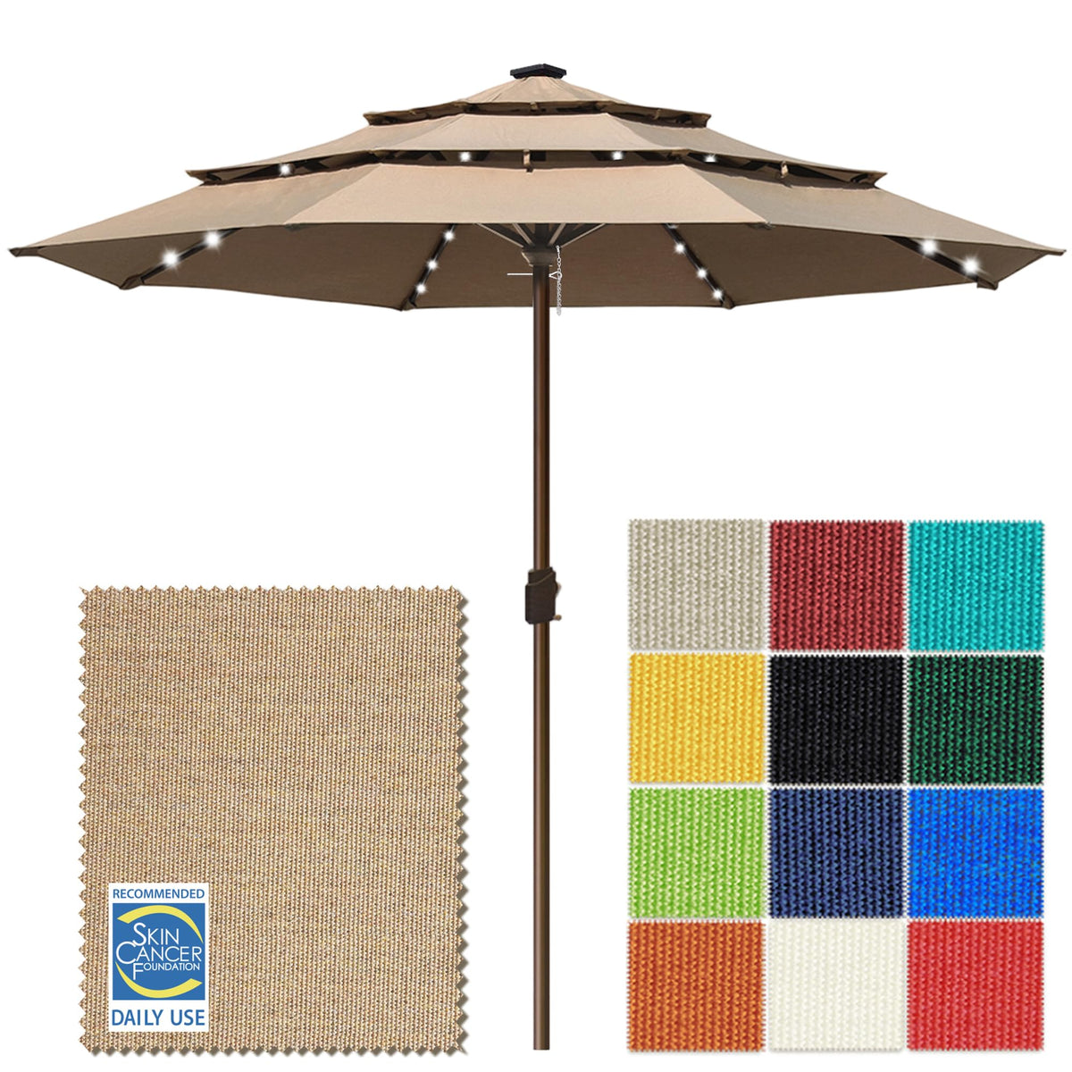 EliteShade USA 10-Year-Non-Fading 9ft 3-Tier Market Patio Umbrella, Commercial Table Umbrella with 80 Solar LED Lights, Crank Open, Windproof & UPF 50+ UV Protection for Garden, Deck, Pool, Backyard, Heather Beige