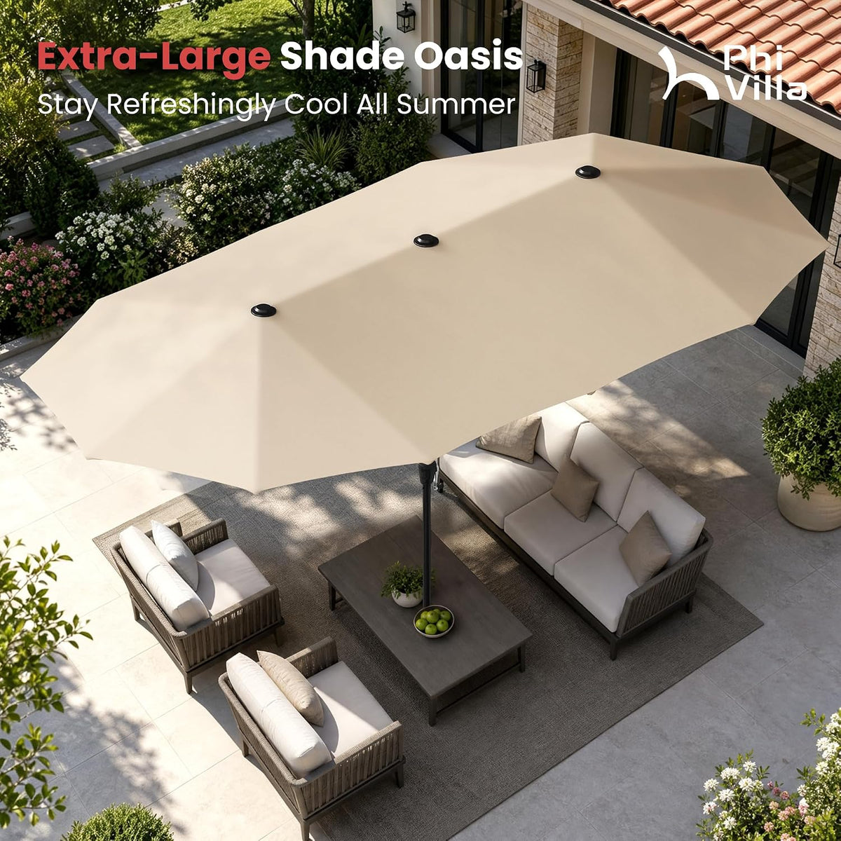PHI VILLA 13ft Large Outdoor Patio Double-Sided Umbrella, Rectangle, Beige